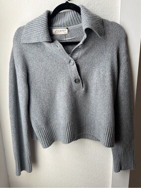 Free People Heather Gray Ribbed Collar V-Neck Sweater